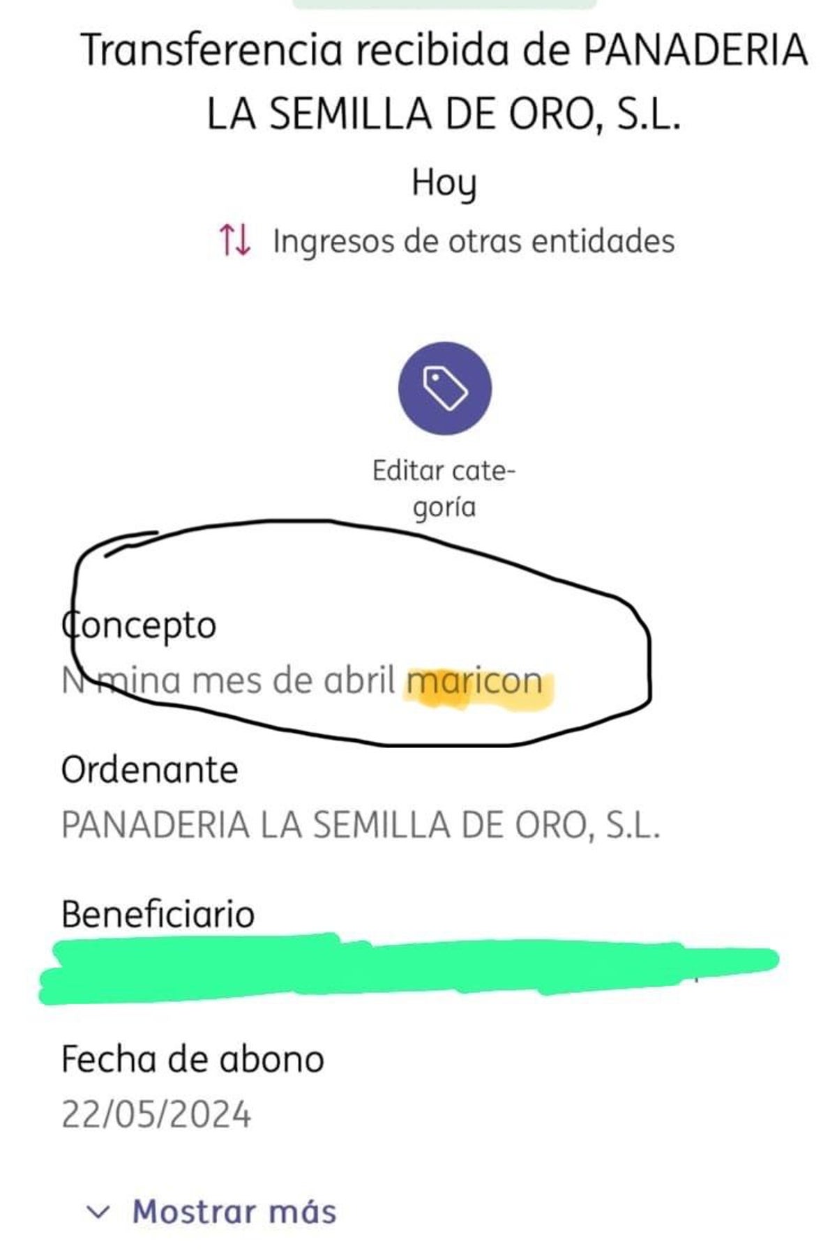 Bank statement of the payment in which the bakery referred to the employee as a "faggot".