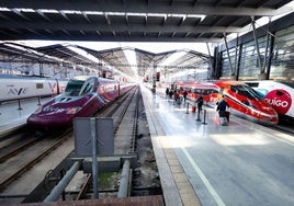 Archive image of the four high-speed train operator brands that operate from María Zambrano station.