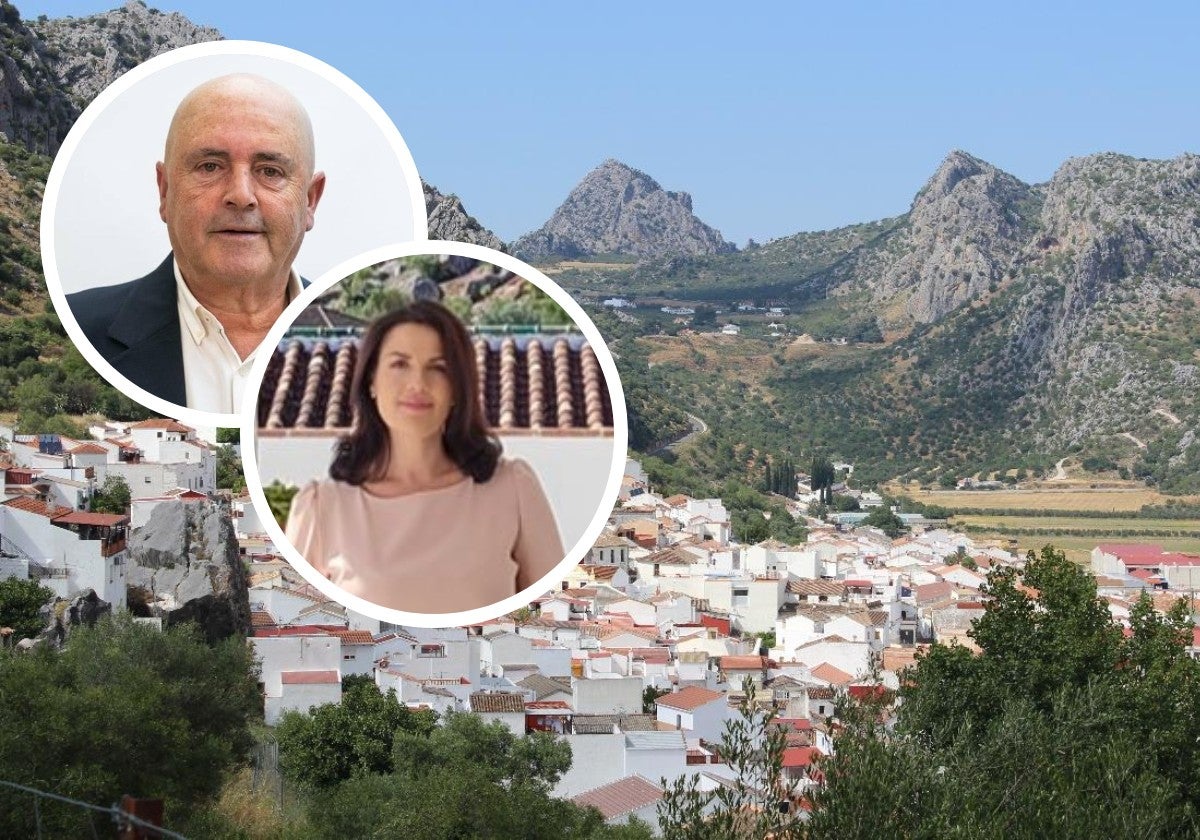 View of Benaoján with inset images of current PP mayor, Guillermo Becerra, and PSOE councillor, Soraya García Mesa.