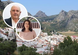 View of Benaoján with inset images of current PP mayor, Guillermo Becerra, and PSOE councillor, Soraya García Mesa.