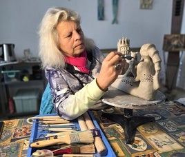 Anette working on one of the terracotta sculptures in her studio in Fuengirola.