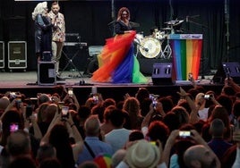Journalist and presenter Toni Moreno takes the stage in a rainbow skirt on the opening night of Pride in Torremolinos.